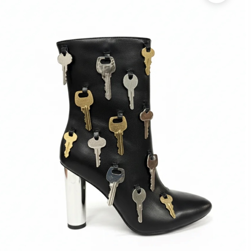 Black Key-Embellished Ankle Boot with Reflective Silver Heel